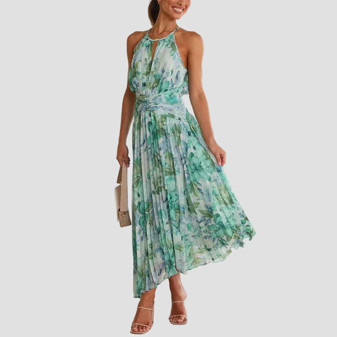 Maxi floral dress with neck tie and pleated hem