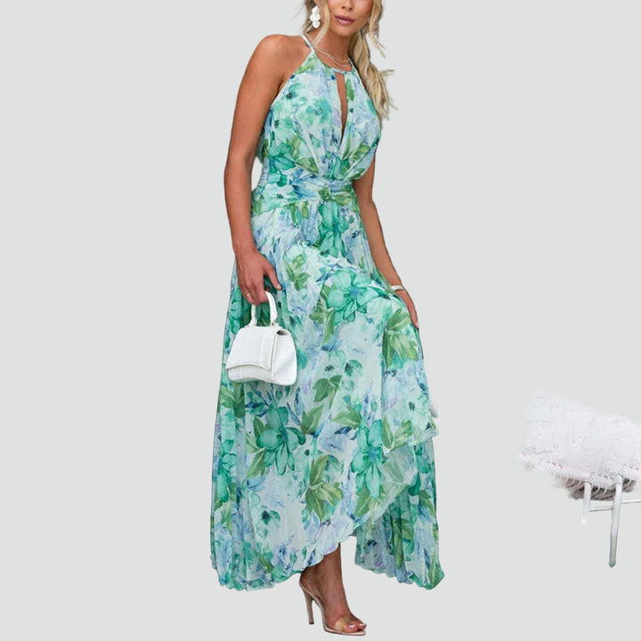 Maxi floral dress with neck tie and pleated hem