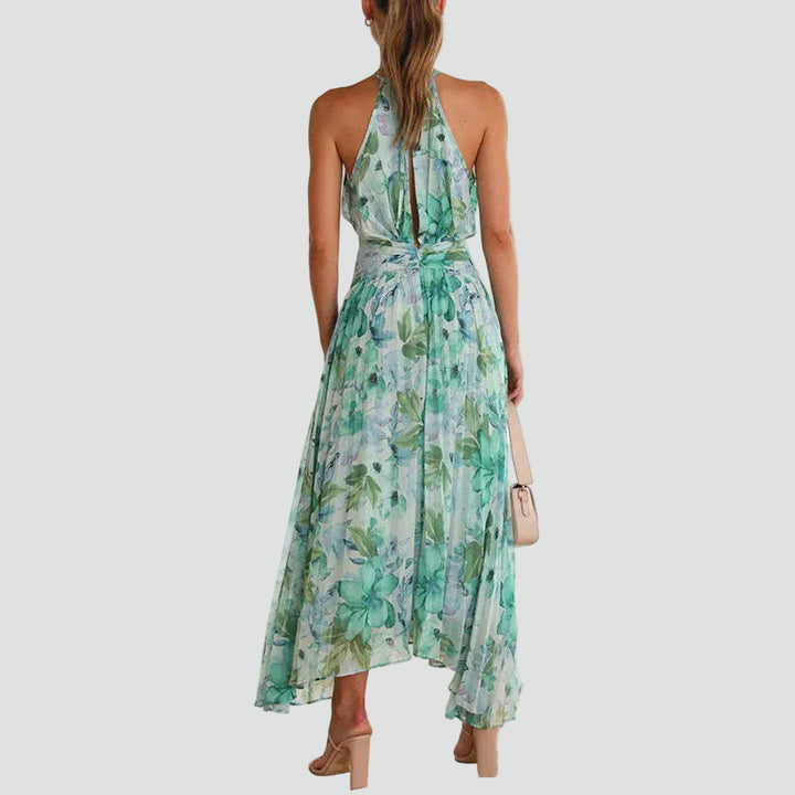 Maxi floral dress with neck tie and pleated hem