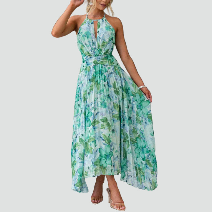 Maxi floral dress with neck tie and pleated hem