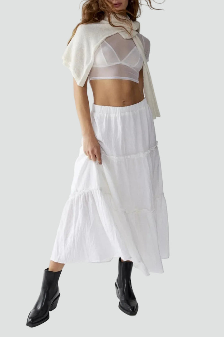 Summer linen maxi skirt with ruffles and elastic waistband