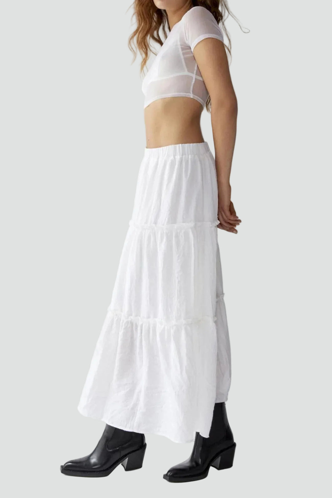 Summer linen maxi skirt with ruffles and elastic waistband