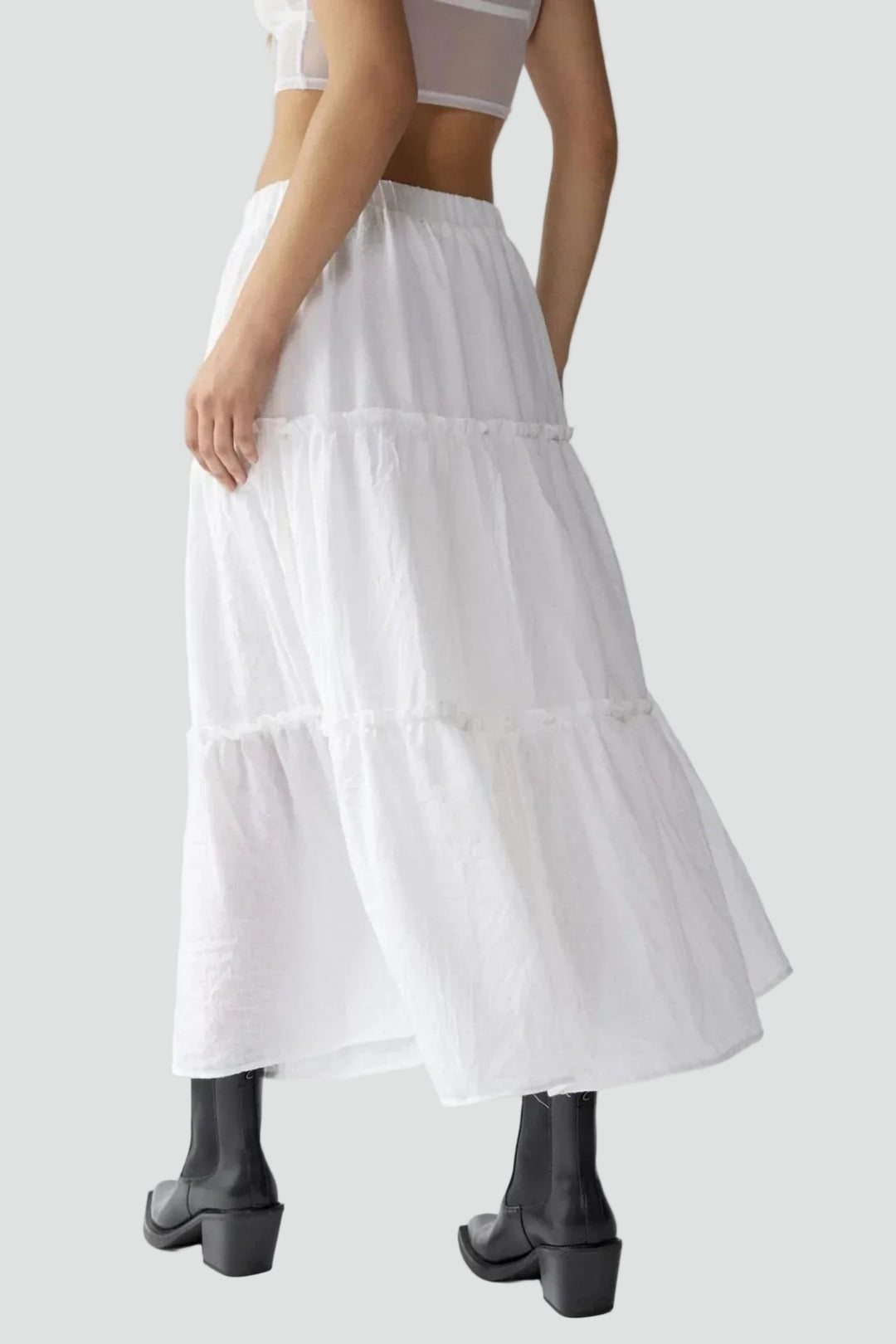 Summer linen maxi skirt with ruffles and elastic waistband