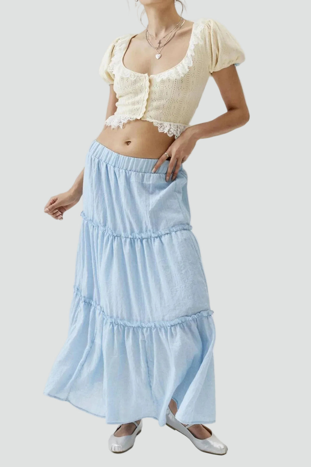 Summer linen maxi skirt with ruffles and elastic waistband