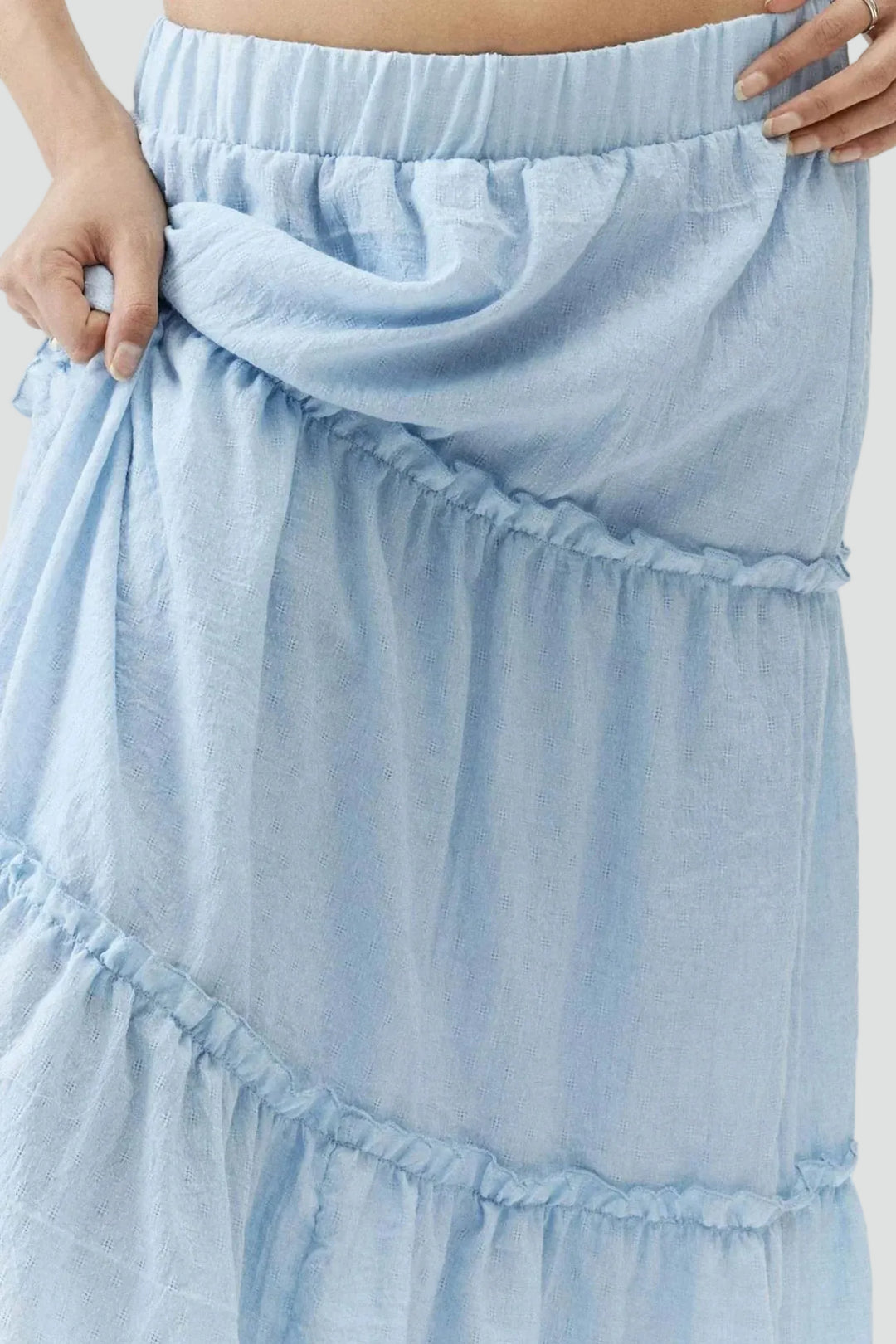 Summer linen maxi skirt with ruffles and elastic waistband