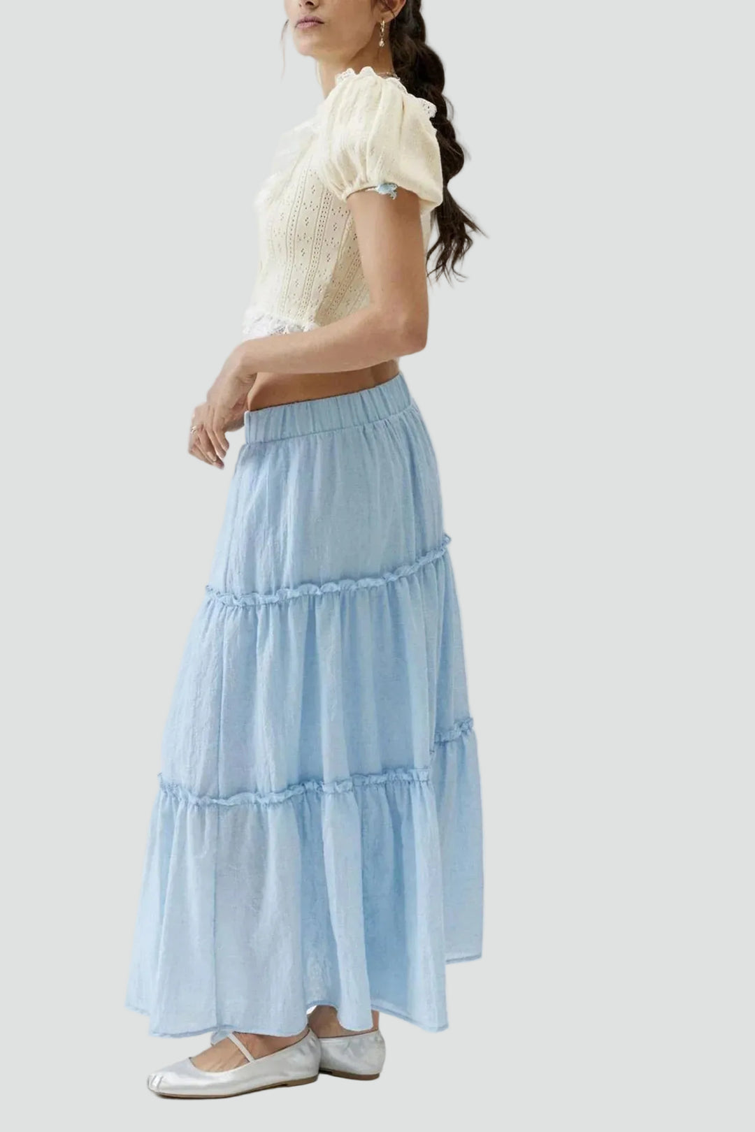 Summer linen maxi skirt with ruffles and elastic waistband