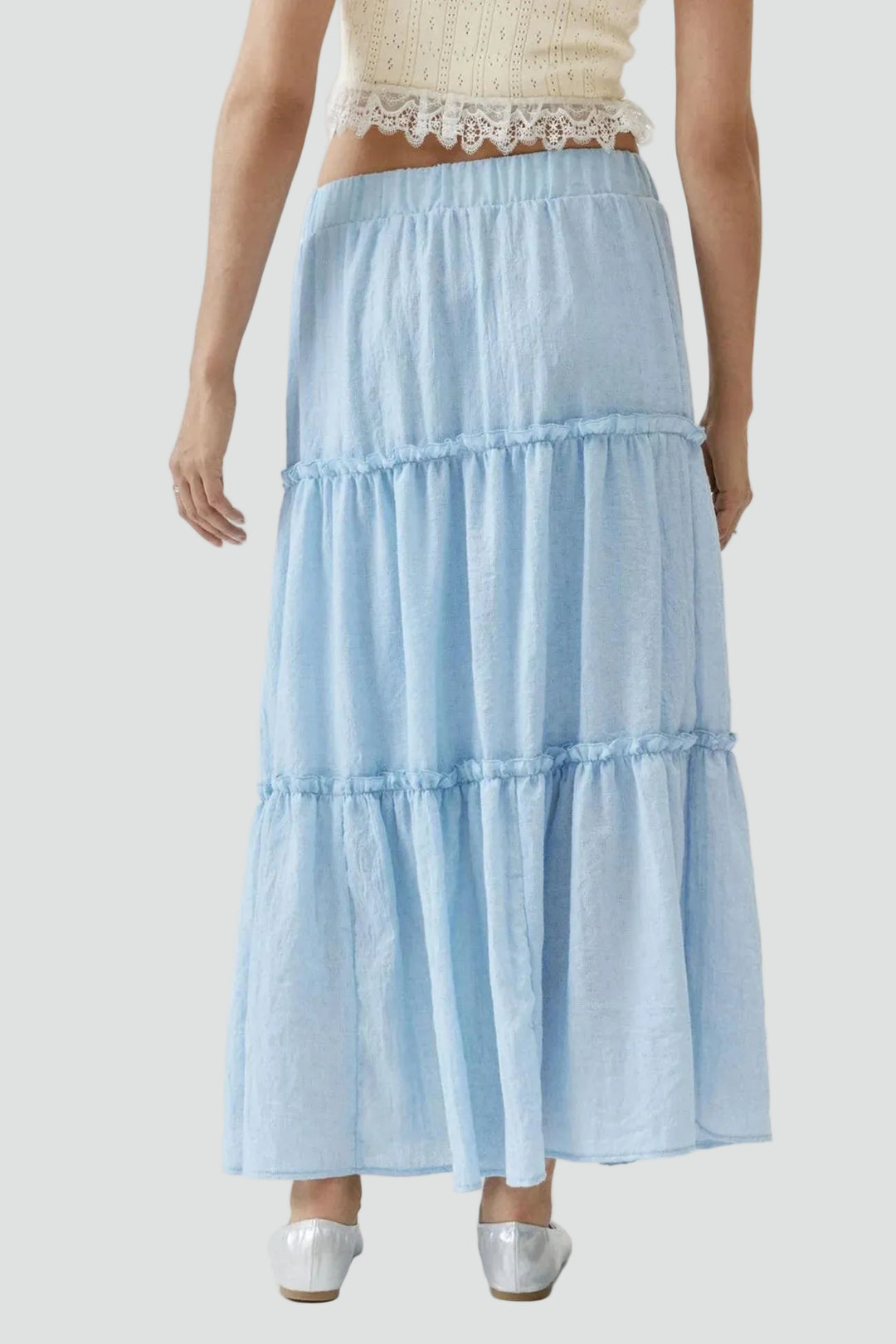 Summer linen maxi skirt with ruffles and elastic waistband