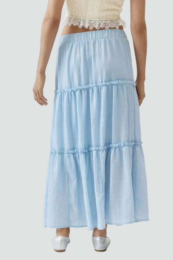 Summer linen maxi skirt with ruffles and elastic waistband