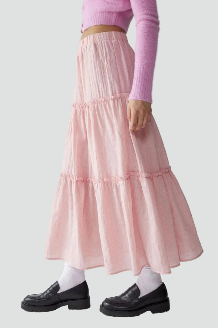 Summer linen maxi skirt with ruffles and elastic waistband
