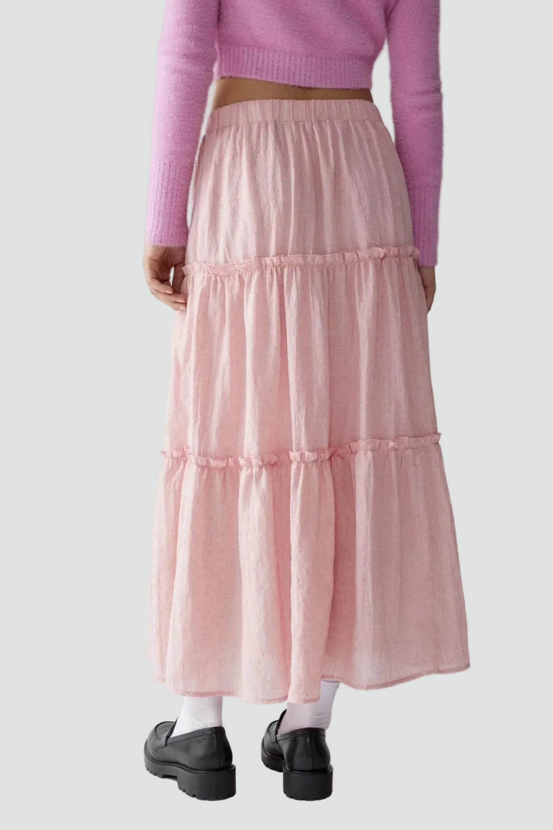 Summer linen maxi skirt with ruffles and elastic waistband