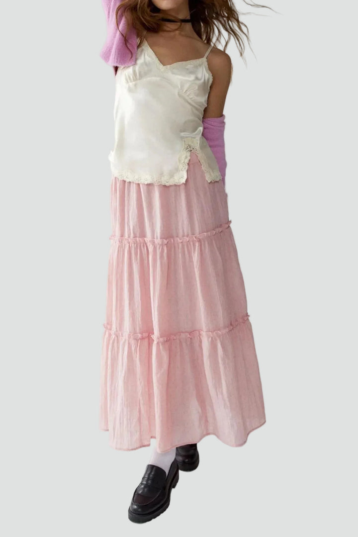 Summer linen maxi skirt with ruffles and elastic waistband