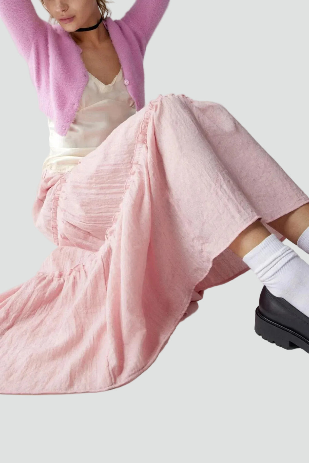 Summer linen maxi skirt with ruffles and elastic waistband