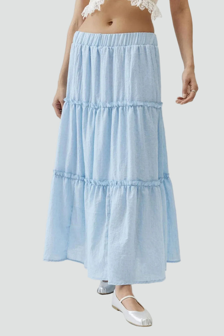 Summer linen maxi skirt with ruffles and elastic waistband