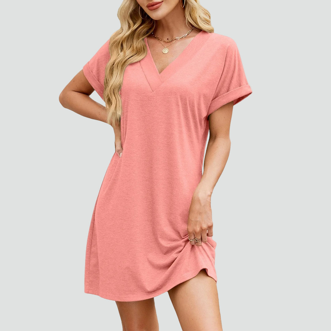 Women's sporty mini dress with V-neck, loose fit for everyday wear
