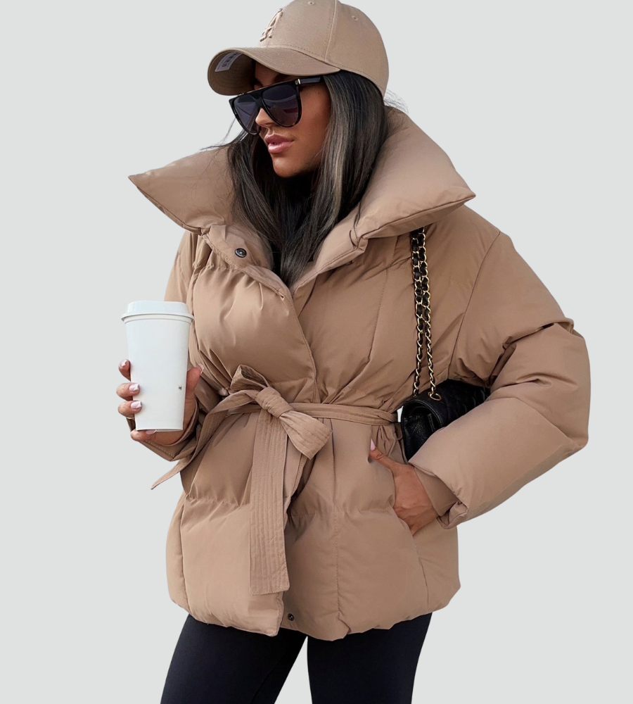 Pikowana puchowa kurtka damska zimowa z paskiem