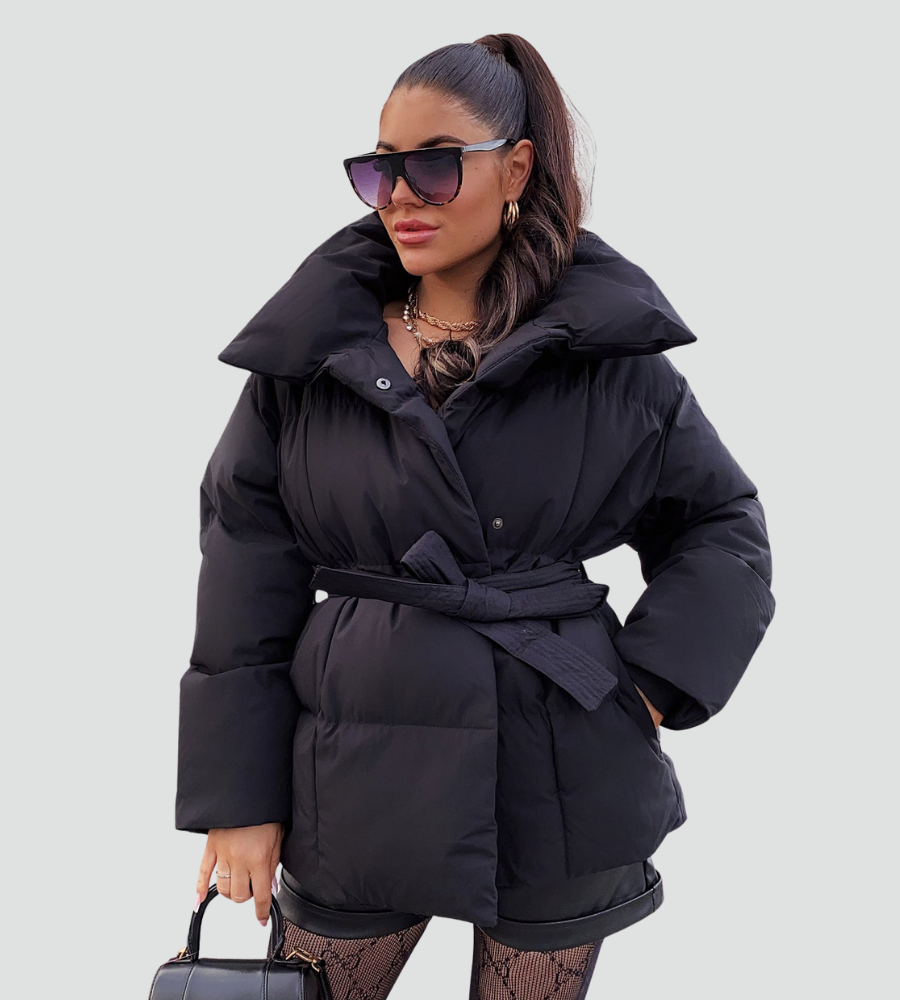 Pikowana puchowa kurtka damska zimowa z paskiem