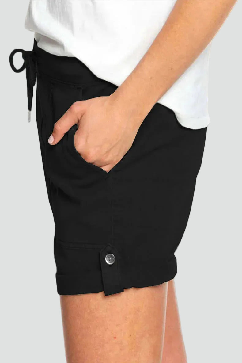 Loose cotton bermuda shorts with elastic waistband and drawstring