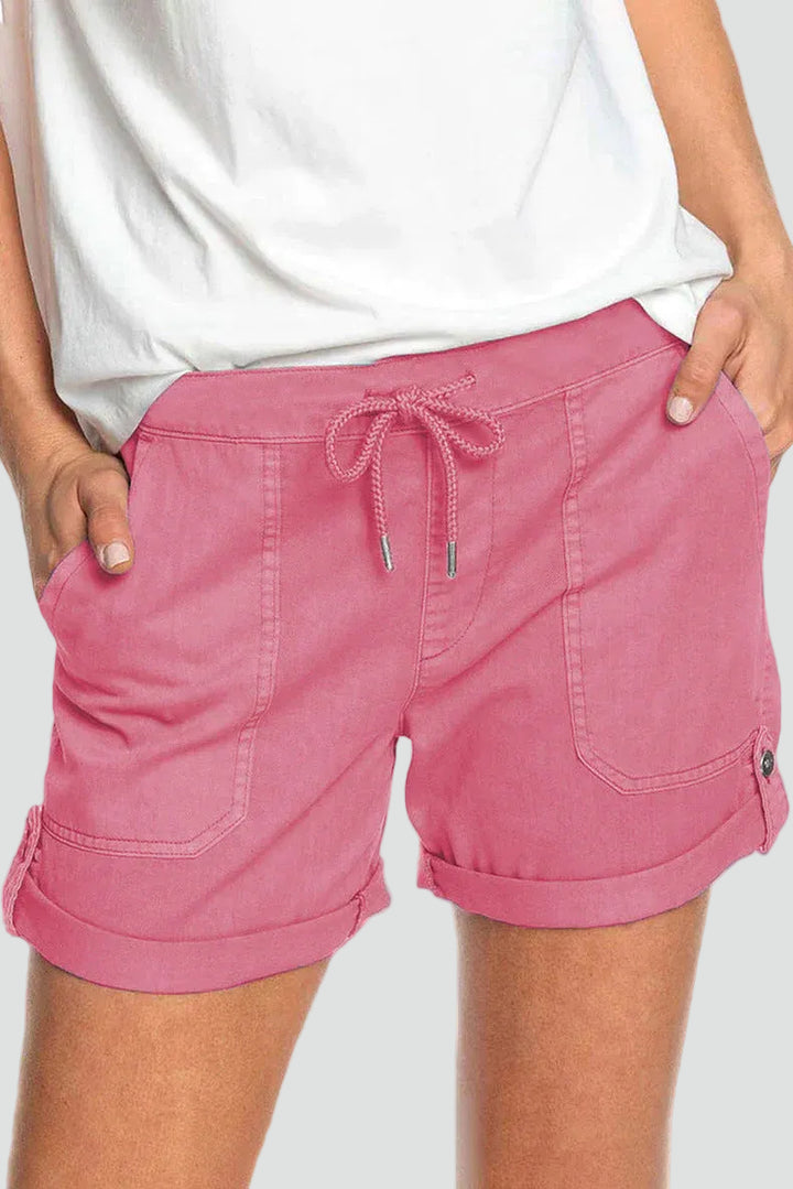 Loose cotton bermuda shorts with elastic waistband and drawstring