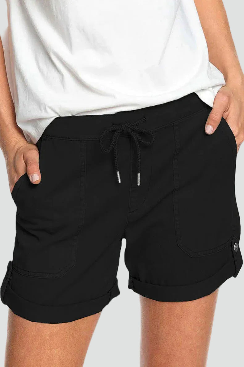 Loose cotton bermuda shorts with elastic waistband and drawstring