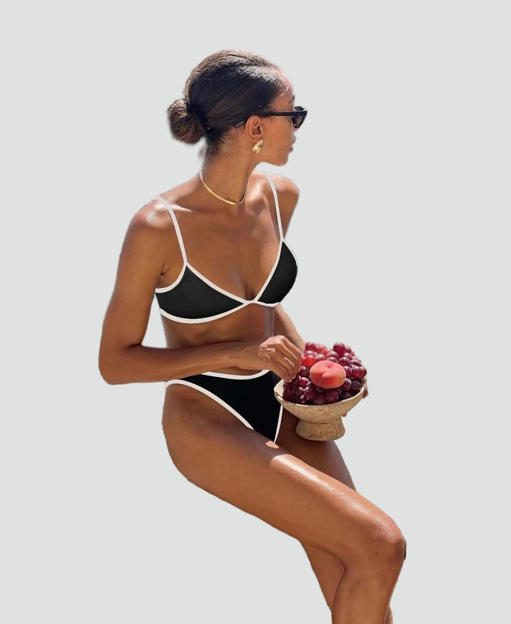 Triangle bikini with contrasting trim and cut-out bottom
