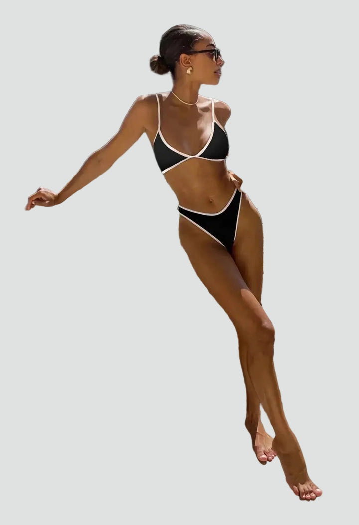 Triangle bikini with contrasting trim and cut-out bottom