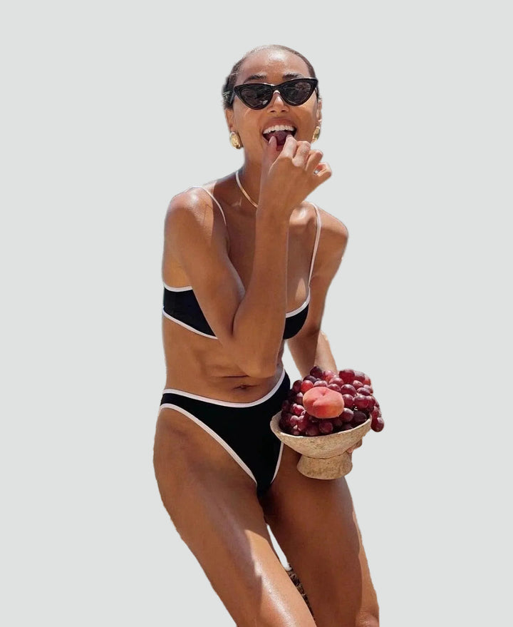 Triangle bikini with contrasting trim and cut-out bottom