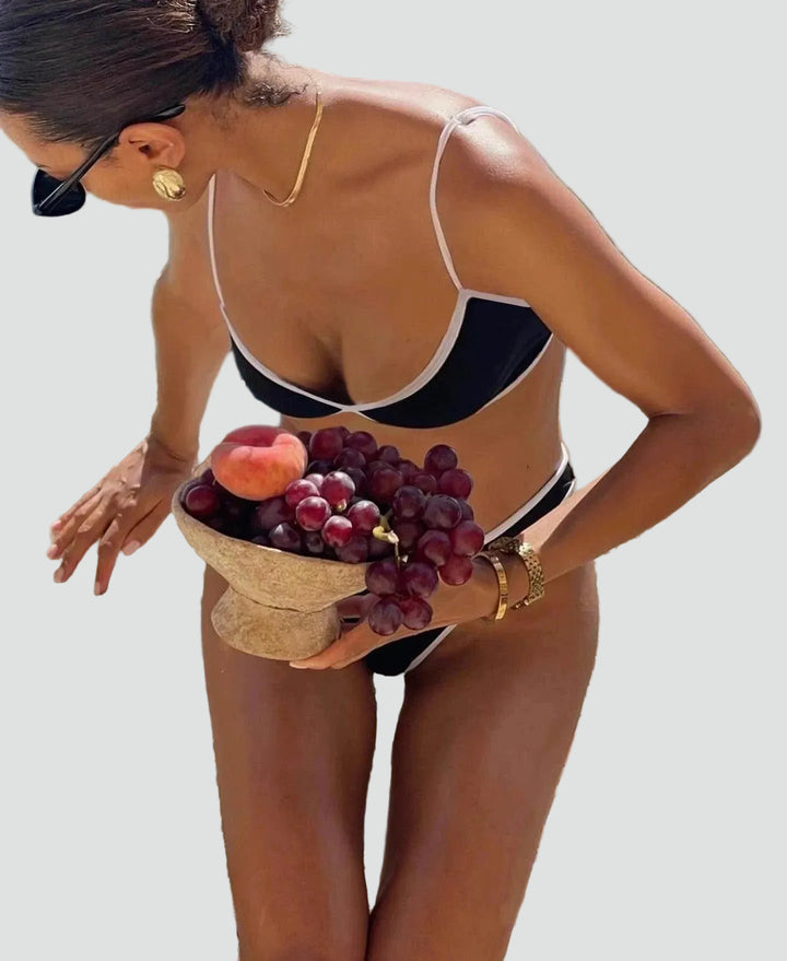 Triangle bikini with contrasting trim and cut-out bottom