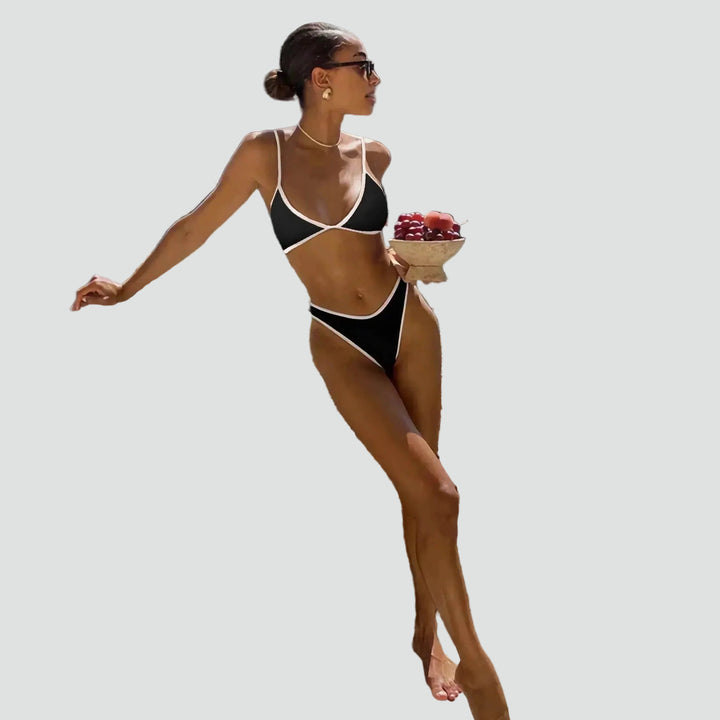 Triangle bikini with contrasting trim and cut-out bottom