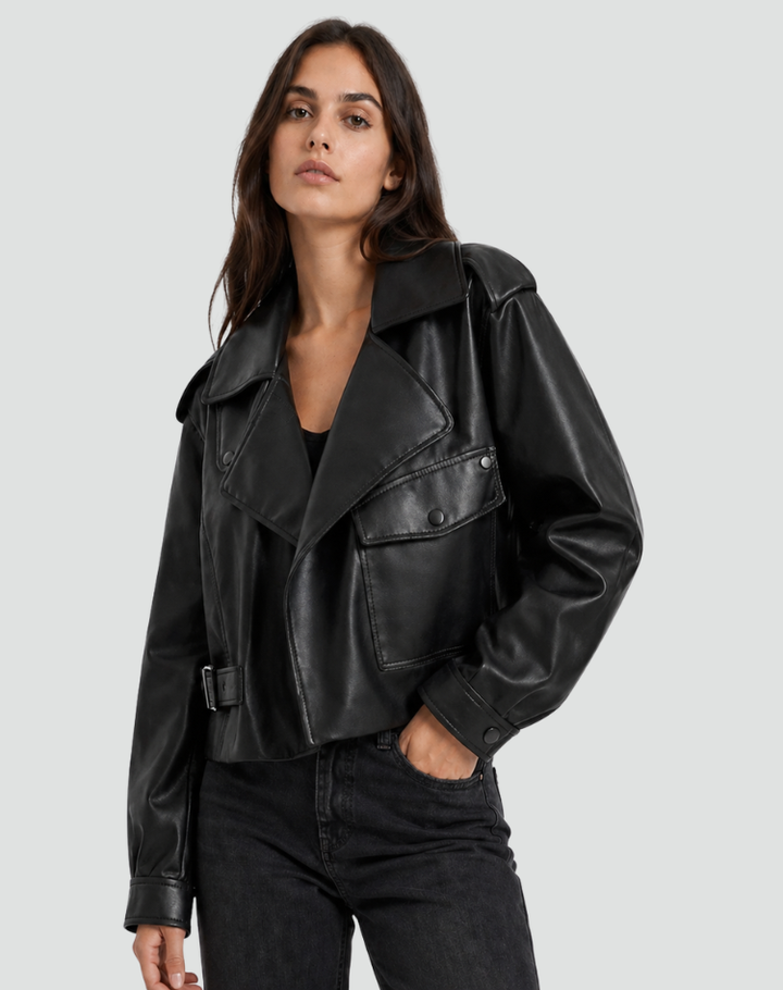 Women's oversized biker jacket with leather look and belt