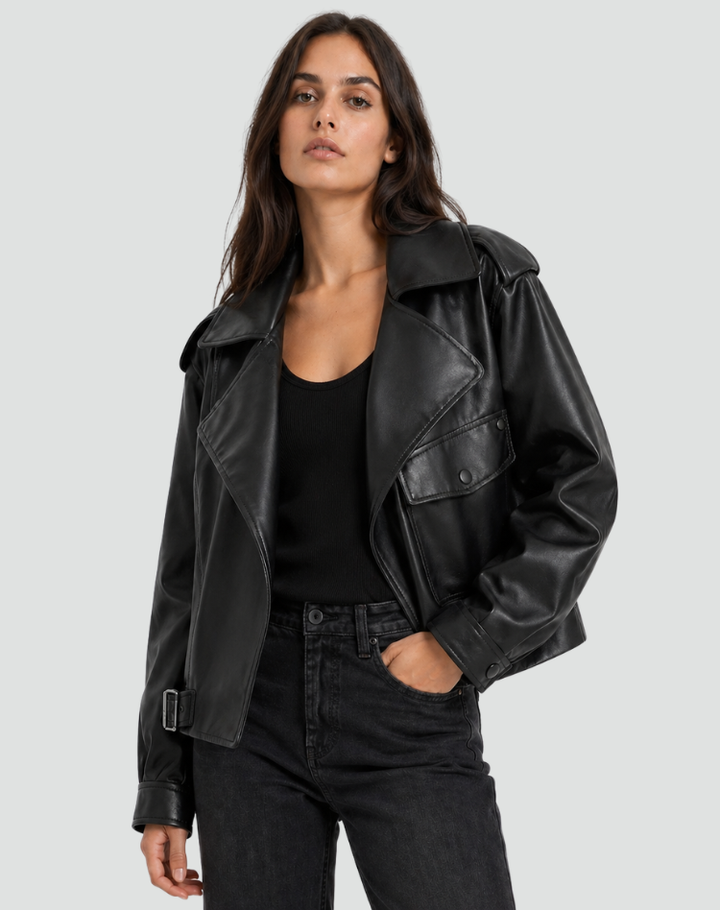Women's oversized biker jacket with leather look and belt