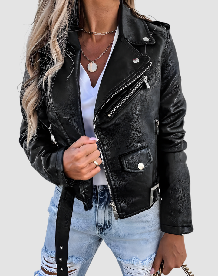 Ramoneska damska biker o skórzanym looku z zamkami