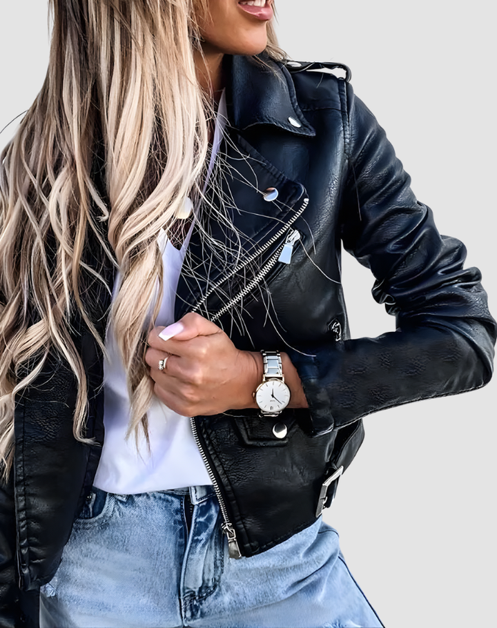 Ramoneska damska biker o skórzanym looku z zamkami