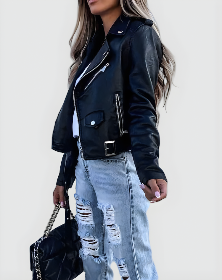 Ramoneska damska biker o skórzanym looku z zamkami
