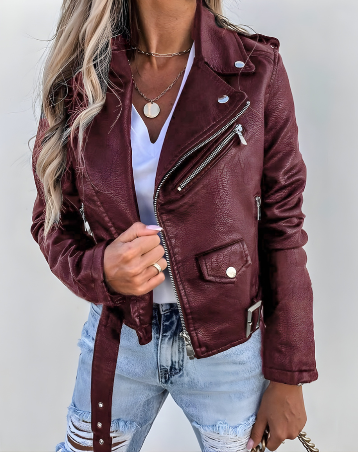 Ramoneska damska biker o skórzanym looku z zamkami