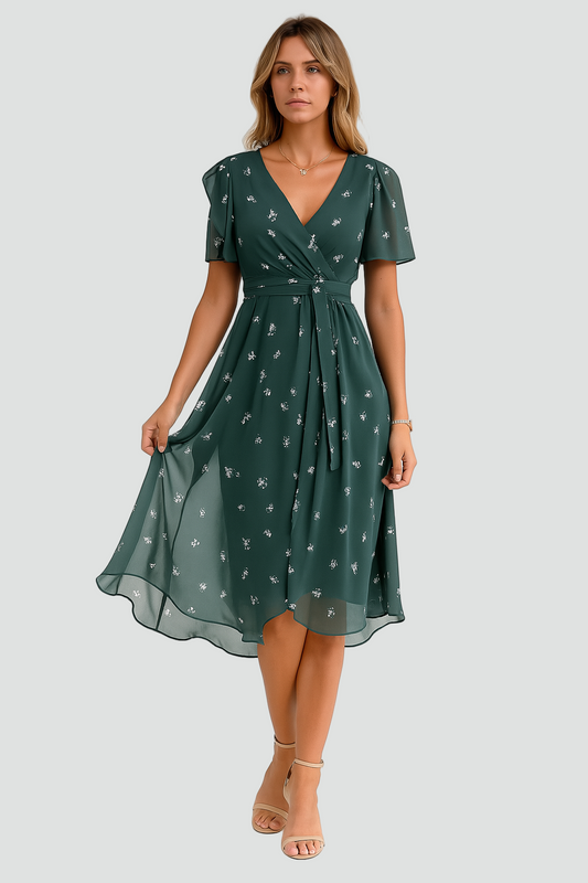 Romantyczna Zwiewna Sukienka Damska z dekoltem w serek