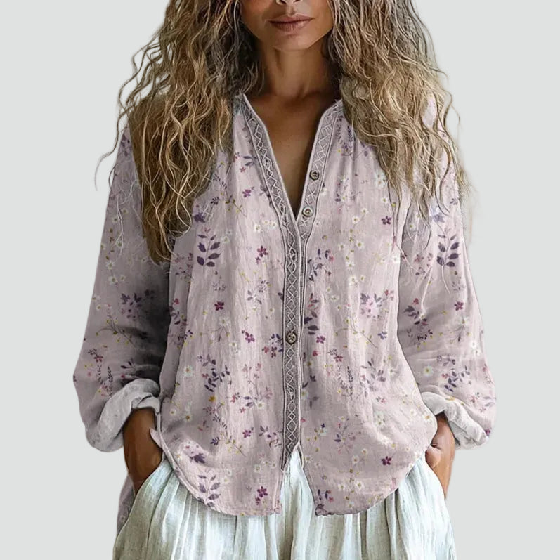 Dames blouse bohemien wijdvallend met lange mouw en V-hals