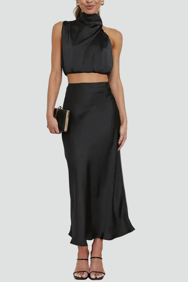 Elegant women's maxi set with a satin top and skirt