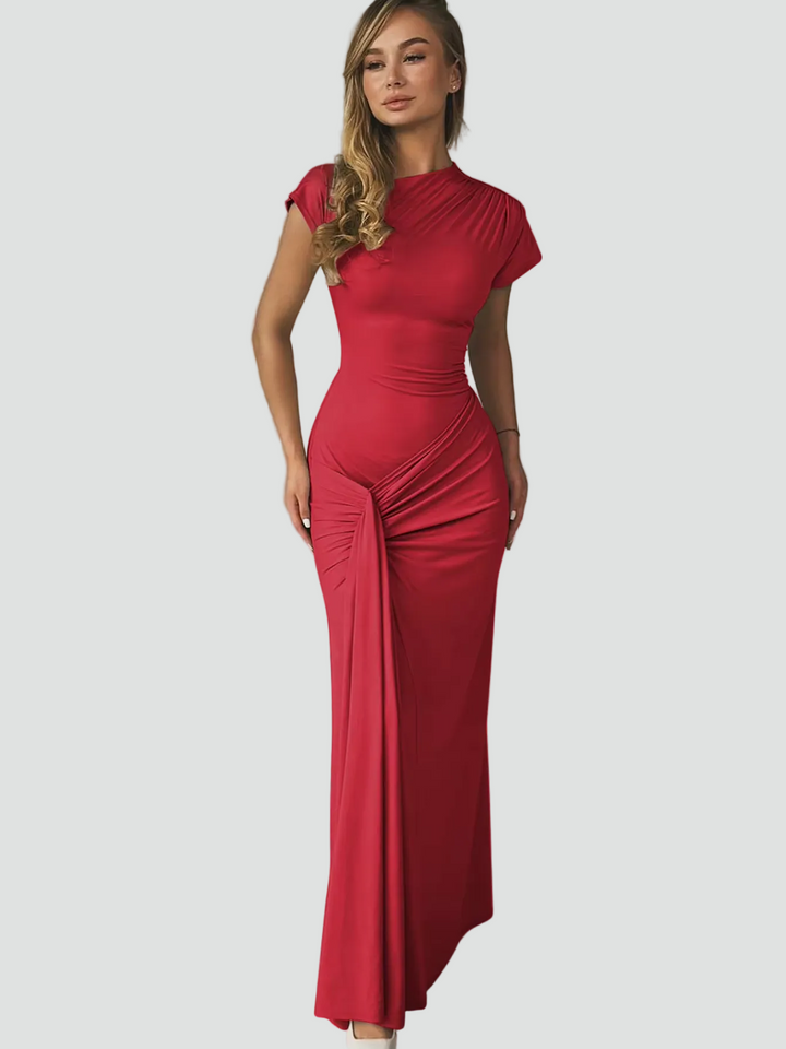 Dopasowana sukienka maxi wieczorowa z marszczeniem i krótkim rękawem