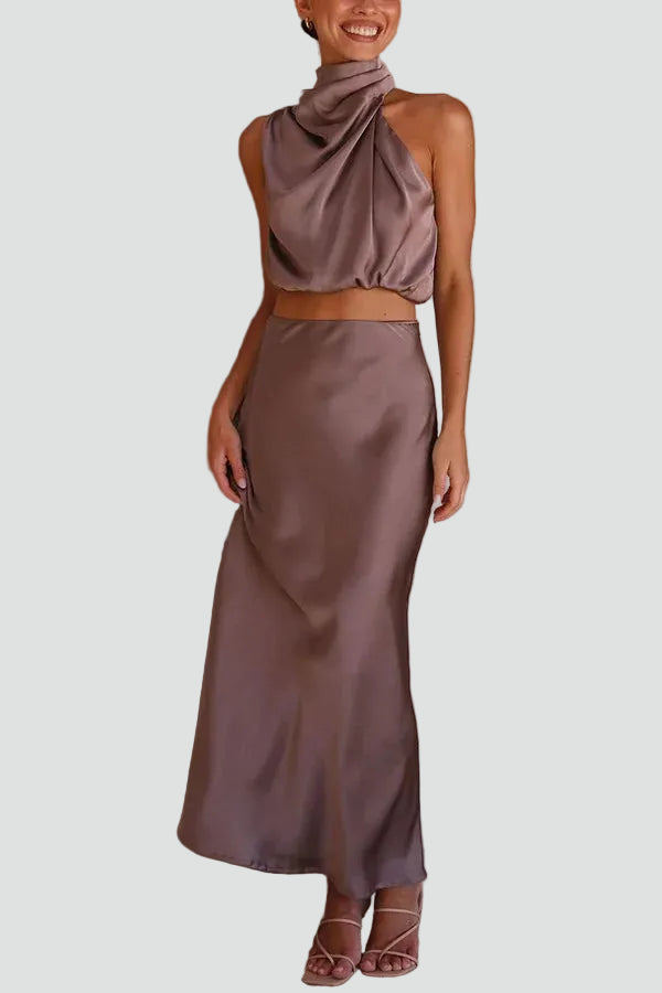 Elegant women's maxi set with a satin top and skirt