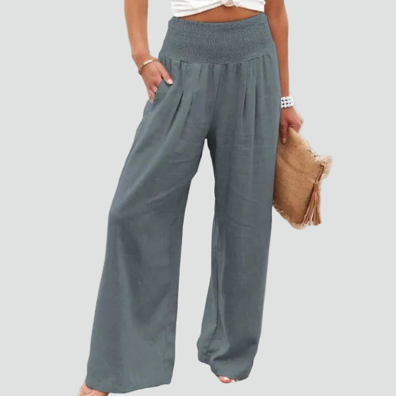 Summer palazzo pants with a gathered waist and loose fit