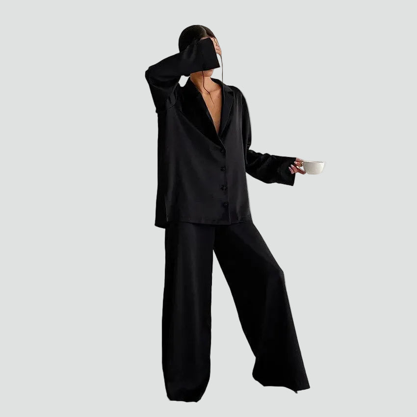Women's satin-look pajama set with button-up shirt and pants