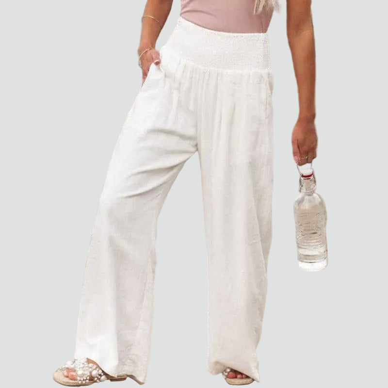 Summer palazzo pants with a gathered waist and loose fit
