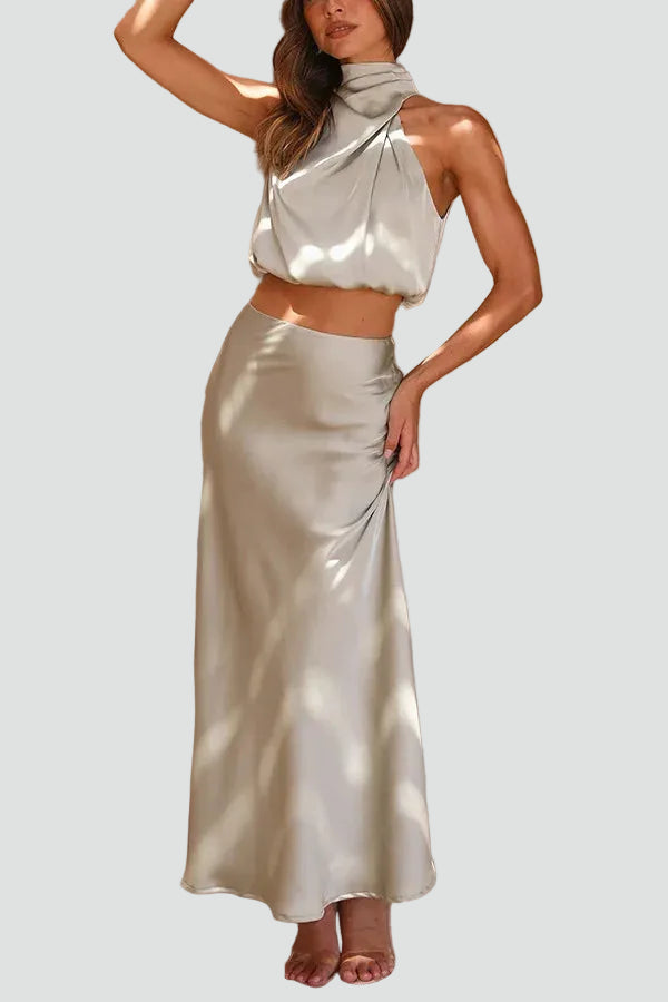 Elegant women's maxi set with a satin top and skirt