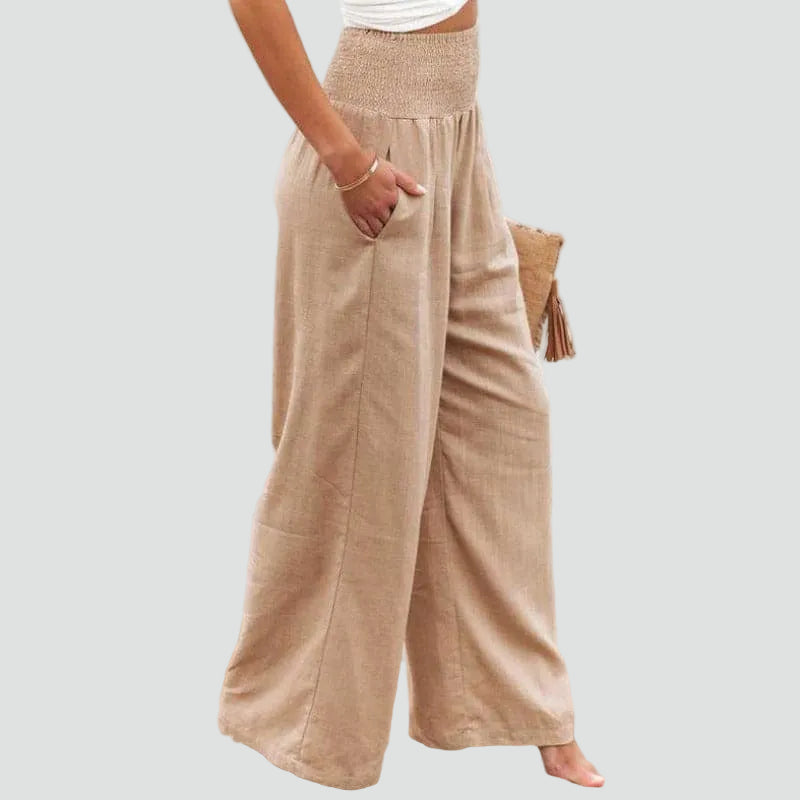 Summer palazzo pants with a gathered waist and loose fit