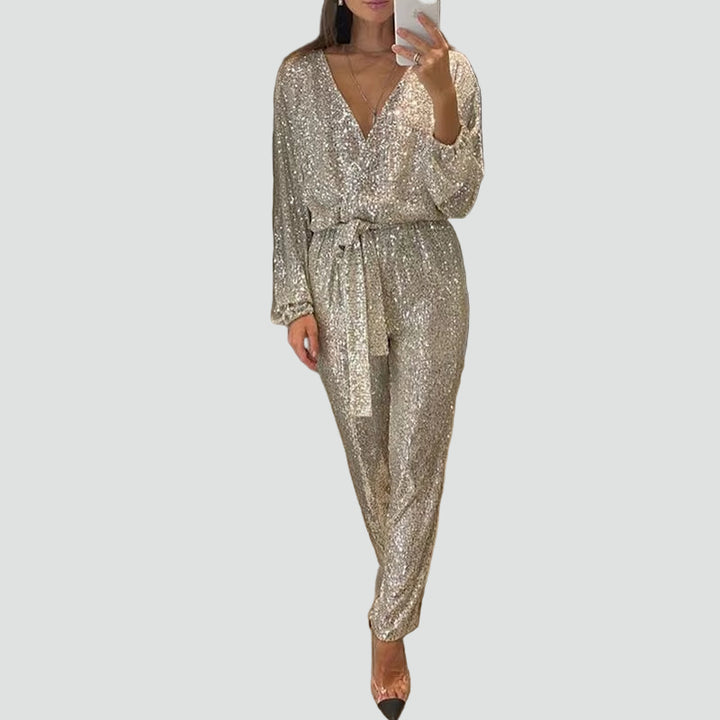 Glittery women's party jumpsuit with belt
