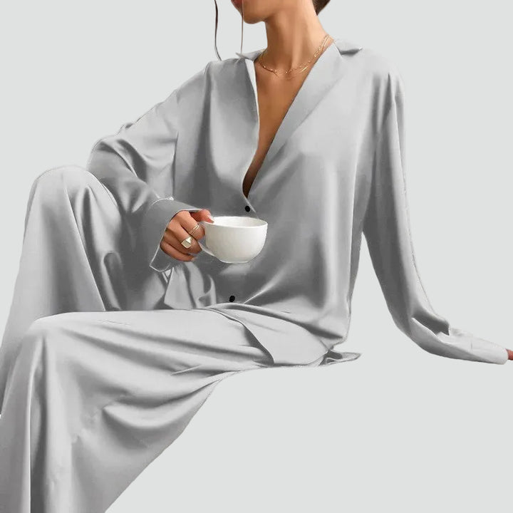 Women's satin-look pajama set with button-up shirt and pants