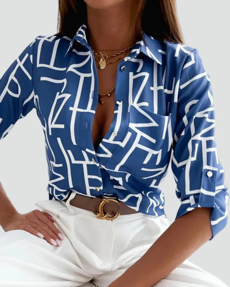 Chemise ample pour femme avec motif abstrait en art linéaire à boutons