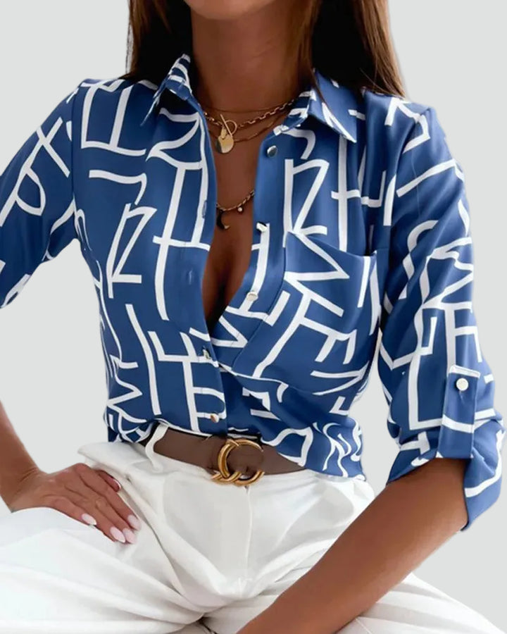 Chemise ample pour femme avec motif abstrait en art linéaire à boutons