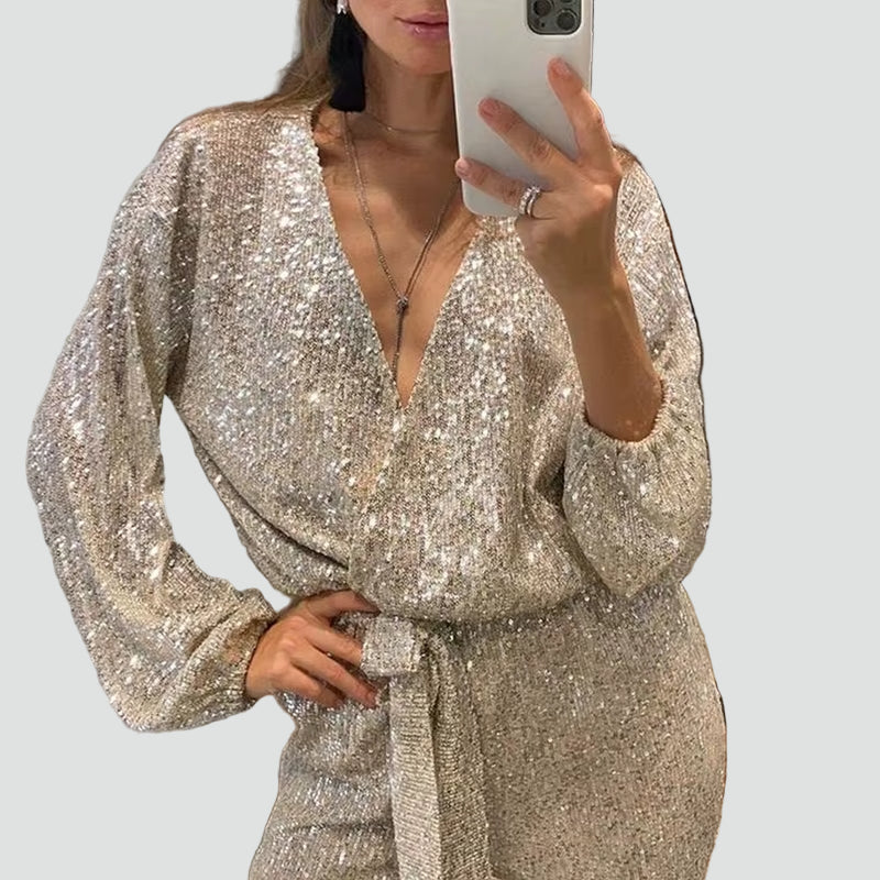 Glittery women's party jumpsuit with belt