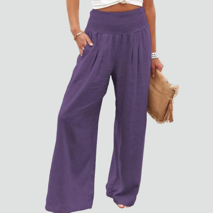 Summer palazzo pants with a gathered waist and loose fit